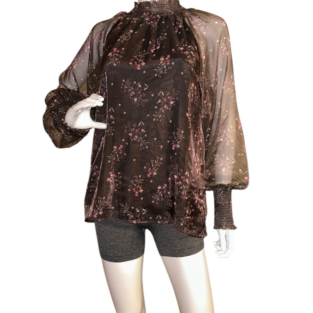 TCEC Floral Sheer Sleeve Blouse - Brown and Pink size S